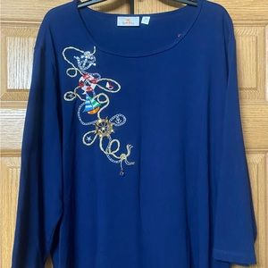 Quaker Factory Women’s 3X Blue 100%  Cotton Top W/Sailing Ocean Scene Sequin Art